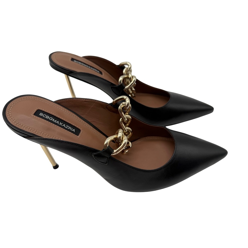 BCBGMAXAZRIA Stiletto Mules Womens 8.5 Black New Gold Chain Pointed Toe